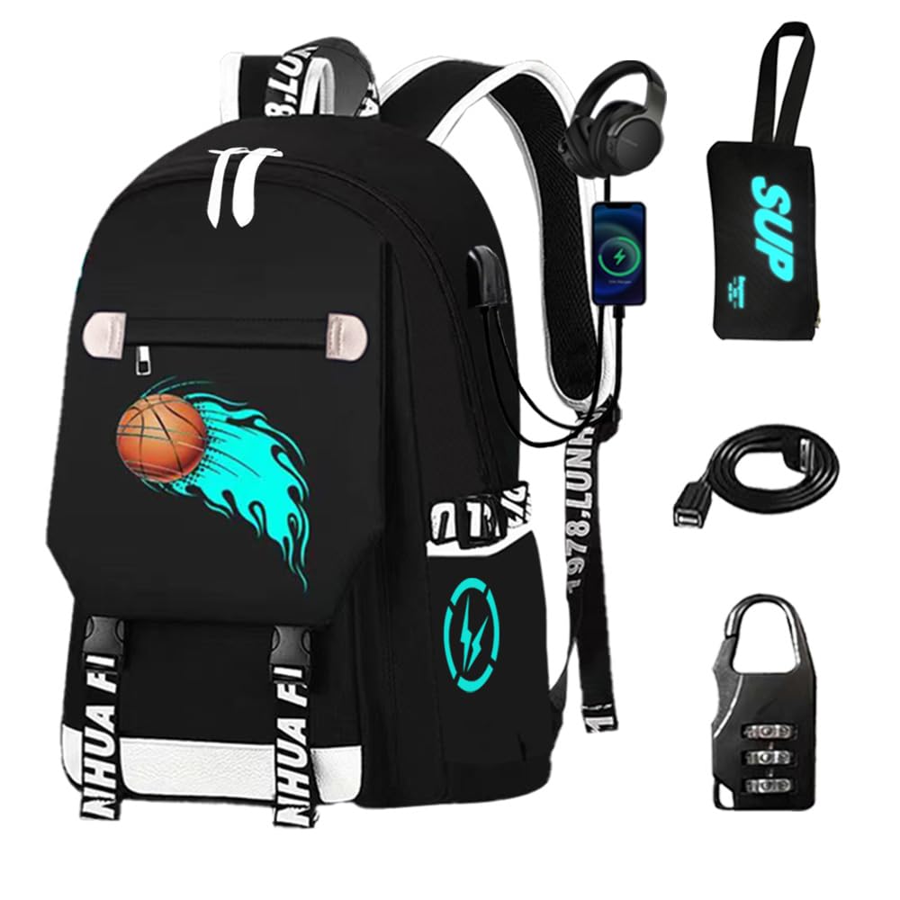 School Backpack for Boys Print Backpack Teenagers Anime Large School Bag Outdoor Reflective Daypack.Luminous Pattern Travel Laptop Backpack - With Usb