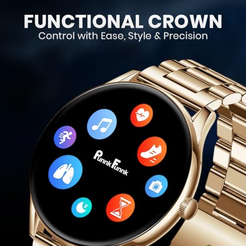 Image of PunnkFunnk Glavito Round Dial Smartwatch 1.49 inch AMOLED Display, Bluetooth Calling, Functional Crown Control, 100+ Sports Modes, IP67, Health Tracking, 100+ Watch Faces for Men & Women (Metal Gold)