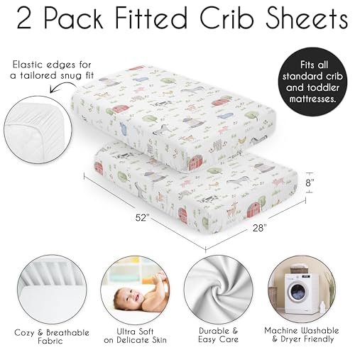 Image of Sweet Jojo Designs 2-Piece Baby Crib Sheets Set (Farm Animals) for Boys or Girls, Infant Nursery, Toddler Room - Standard Size (Neutral, Farmhouse, Country, Barn Animal, Farms Theme, Cow, Grey Horse)