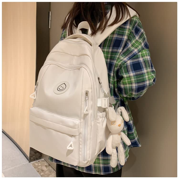 Preppy Backpack Smiling Face with Bunny Plush Cute Aesthetic Backpack Preppy Stuff Kawaii Accessories Korean College Style (White,One Size)2