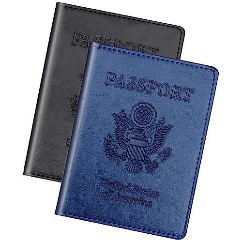 Herain Black & Dark Blue Passport Holder for Travel, Passport Cover Wallet Case 2 Pack Women Men...