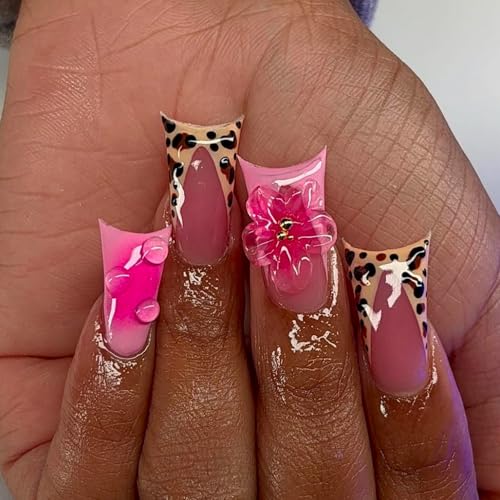 Image of NBNTGH Leopard Print French Tip Press On Nails Pink Fake Nails Medium Duck False Nails with Design Flower Glossy Stick On Nails for Women Reusable Artificial Acrylic Full Cover Manicure 24Pcs