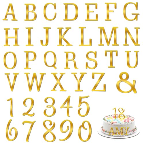 62 piezas de letras de números acrílicos para decoración de tartas, con letras de la A a la Z y 0-9 números, púas doradas espejadas, decoración de cupcakes para cumpleaños, boda, decoración de tartas