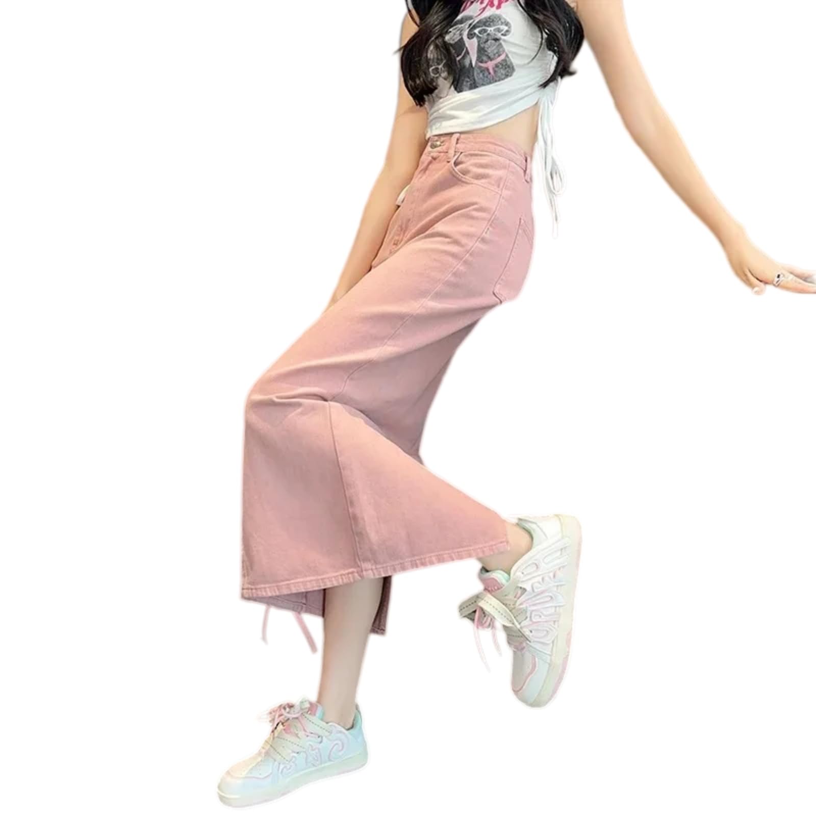 Minigonna Alta Vita Rosa Denim Maxi Gonna per Le Donne Lunga di Cotone con Fessura Retro Chic Casual Estate Streetwear Moda-Pink-XXL