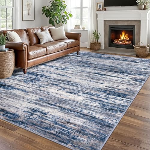 Navy Blue Gray Neutral Multi 8x10 Modern Abstract Area Rug for Bedroom, Large Super Soft Washable Rugs with Non-Slip, Non-Shedding Carpet for Living Room, Indoor Door Mat For Office Home Décor