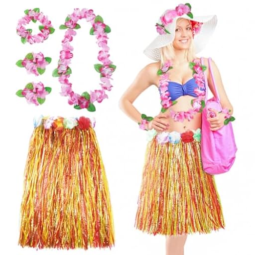 Aomig Disfraz Hawaiano Falda de Paja, 5 Pcs Set Hawaiano con Collar Pulsera Guirnalda Diadema Hawaiano, Falda Hawaiana Hierba para Mujer Adultos para Playa Fiestas Temáticas | Ya disponible en tu tienda friki favorita! En mundofriki.es!