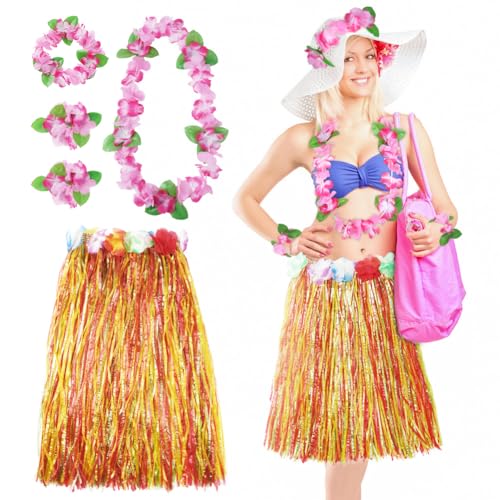 Aomig Disfraz Hawaiano Falda de Paja, 5 Pcs Set Hawaiano con