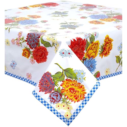 Freckled Sage Oilcloth Tablecloth Mum White with Blue Gingham Trim - You Pick The Size!