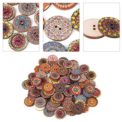 100Pcs Decorative Buttons for Crafts 1 Inch Vintage Wood Buttons with 2 Holes for DIY Sewing Craft Decorative, Mixed Pattern (25mm)