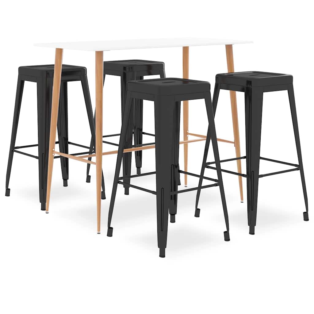 Juego de barras de 5 piezas, color blanco y negro, con tablero de fibra de densidad media y patas de metal, aspecto de madera, 120 x 60 x 105 cm, 4 taburetes apilables con reposapiés para
