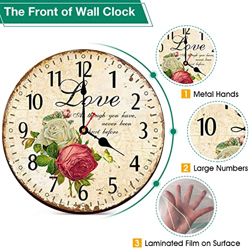 Wiskalon 8 Inch Retro Wall Clock,Arabic Numerals Home Art Decor Clock,Silent Non-Ticking Battery Operated Indoor Wall Clock,Wood Round Easy To Read Wall Clock(Love Rose Pattern) #TOP2