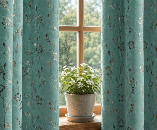 Image of Velvet Golden Foil Flower Pattern Curtains 7 Feet Long Pack of 1, Aqua