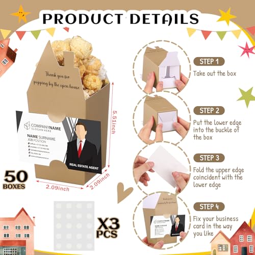 Image of Hoolerry 100 Set Open House Gift Real Estate Agent Supplies Popcorn Box with Card Holder Open House Supplies Business Gift Card Thank You for Popping by Candy Box for Estate Agent Favors(Kraft)