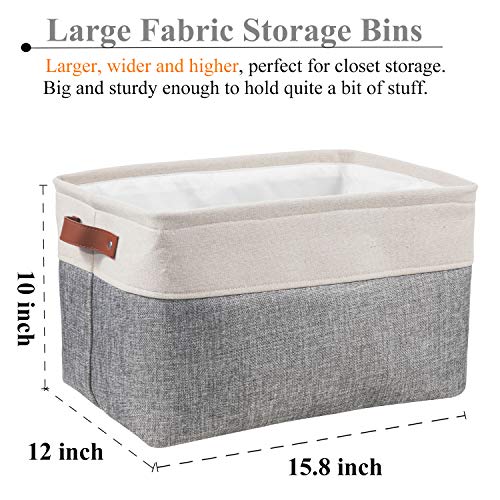 Wehuse Large Cloth Storage Baskets For Shelf, Collapsible Fabric Rectangular Closet Storage Bins With Leather Handles, Grey 15.8 L X 12 W X 10 H Inch #TOP1