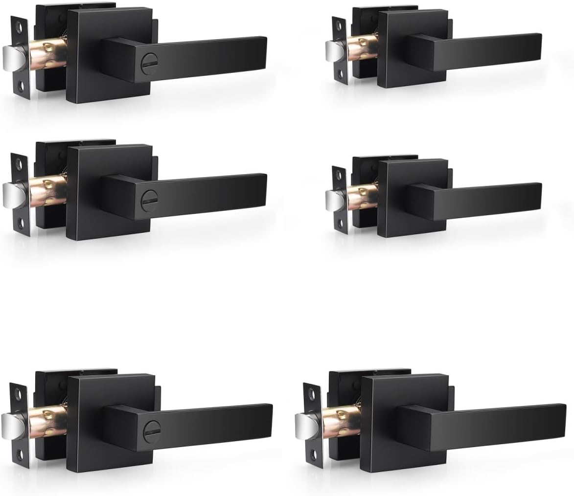 Probrico 3 Pack Privacy Door Levers and 3 Pack Passage Door Levers Bundle, Matte Black, Square Heavy Duty Handles