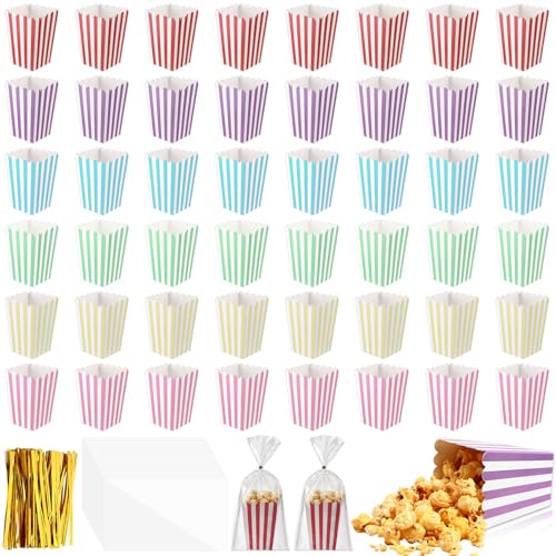 Gueevin 48 Sets Mini Popcorn Boxes and Clear Treat Bag Set Candy Favor Treat Containers with Clear Cellophane Bags and Gold Wire Striped Paper Popcorn Buckets for Birthday Christmas Party Supplies