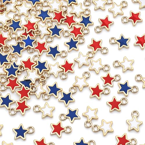MARFOREVER 120 Pcs Patriotic Red White Blue Star Charms 4th of July Charm for Jewelry Making American Flag Enamel Pendant Ornament for Necklace Bracelet Earrings Independence Day DIY Craft