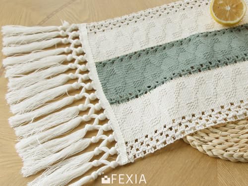 Image of FEXIA Sage Green Table Runner 72 Inches Long with Tassels Boho for Summer Home Decor Rustic Macrame Farmhouse Table Cover for Wedding Party Bohemian Bridal Shower Dining Decorations(12x72 Inches)