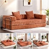 Trygoal Convertible Floor Sofa Bed, Foldable Mattress Cloud Couch with Pillow Back & Armrest, Chenille Sleeper Sofa Bed with Fixed-Shape Frame, Compressed Couch for Living Room Bedroom, Orange
