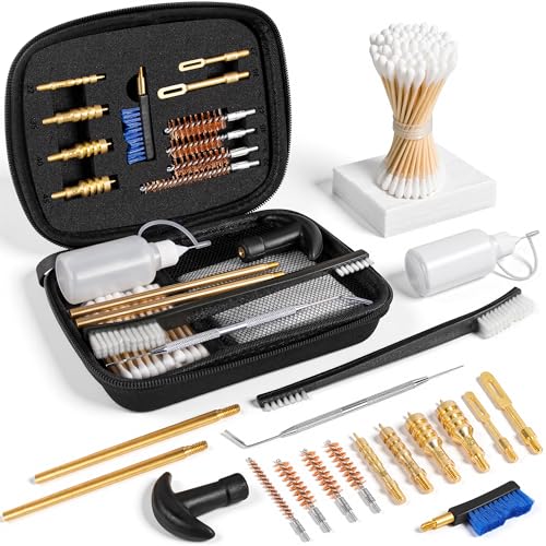 GLORYFIRE Gun Cleaning Kit Fits .22 .357/9mm .38 .40 .45 Cal Handguns & Pistols Compact Carrying Case Multiple Styles with Brass or Plastic Jags & Tips for Shooting and Range (Brass Jag+Tip)