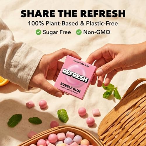Image of Refresh Plant Based Gum, Sugar Free, Xylitol, 12 Pcs, 6 Pack (Bubble Gum)