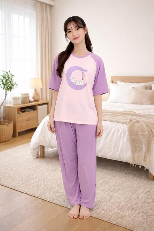 Image of Women's Pajama Set, Soft Breathable Korean Style Nightsuit with Top & Full Pants, Lightweight Loose Fit Nightwear & Loungewear for Girls & Women.