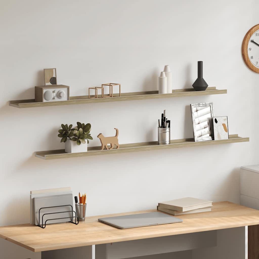 vidaXL 45.3"x3.5"x1.2" Modern Wall Shelves - Set of 2, Durable MDF Construction, White and Sonoma Oak, Easy to Clean, Suitable for Various Display