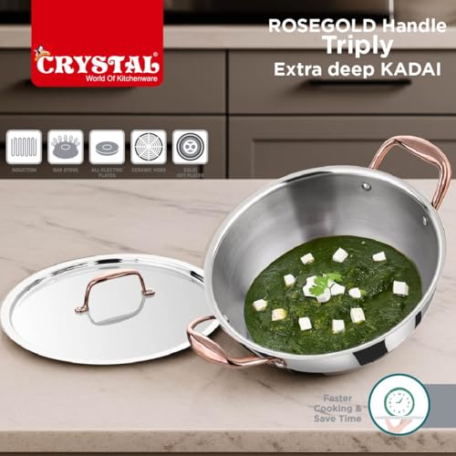 Image of Crystal TriPro -Triply Stainless Steel Extra Deep Kadai with Lid - 28 cm (Induction Bottom), with Rose Gold Handle (CTP-EDK-004A)