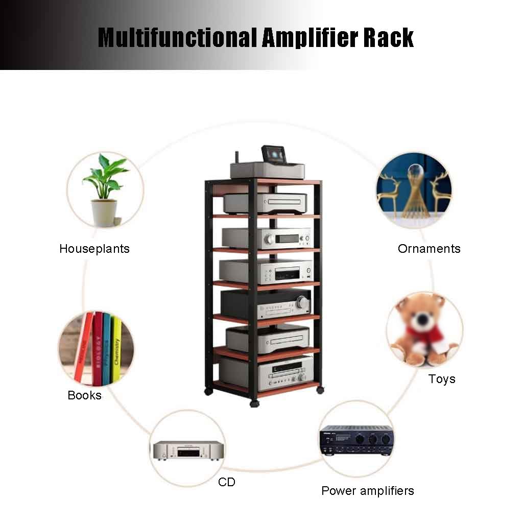 Mobile Stereo Hi fi Rack Carrello Multimediale AV Scaffale Mobile Per Supporti Con Ripiano In Legno A 7 Livelli, Moderno Supporto Multimediale AV Armadio AV Con Ruote(Red)