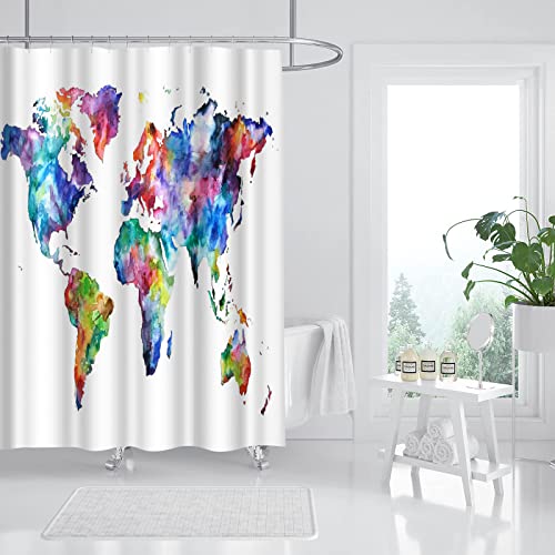 Artsbay Colorful World Map Shower Curtain for Bathroom Earth Geography Decoration Water Repellent Polyester Fabric Watercolor Style Home Washroom Decor 72