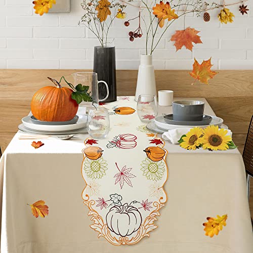 Embroidery Fall Thanksgiving Table Runner, Fall Table Decor, Pumpkin Leaves Fall Runner For Dining Table Centerpieces Kitchen Indoor Home Party Room Thanksgiving Decorations, Embroidery 13X67 Inches #TOP5