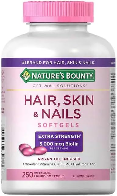 FrenchGlory Nature s Bounty para cabello, piel y uñas extra fuerte, 5,000 mcg de biotina por porción x 83 porciones (250 cápsulas blandas)