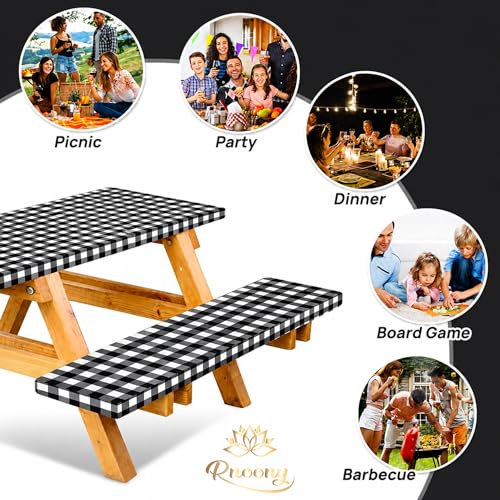 RNOONY Vinyl Fitted Picnic Table Cover with Bench Covers and Bag - 6ft Waterproof Outdoor Tablecloth with Elastic Edges, Perfect for Camping and RV Gear (72x30 Inches, Black) - Image 5