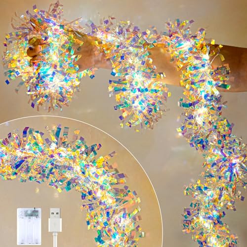 Christmas Garland with Lights, 2 Pack 16.4FT Iridescent Tinsel Garlands Battery Operated & USB, Shiny Foil Garland Christmas Decor, Garland for Staircase Indoor Outdoor Birthday Holiday Party Supplies