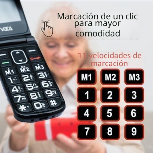 Teléfono plegable VOCA con botones grandes para personas mayores | 4G LTE libre | Volumen alto | Botón SOS | Marcación rápida | Texto predictivo | Base de carga | V340 (Negro)