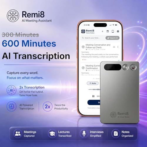 Image of Remi8 AI Voice Recorder 64GB | AI Meeting Summaries & Reminders | 600 Min /Month Auto Transcribe | Unlimited Recording | 100+ Languages incl. All Indian Languages | Whatsapp & Call Recording