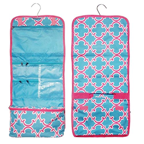 Cool Turquoise Pink Quatrefoil Large Hanging Toiletries Cosmetic Makeup Shower Caddy Girls Camp Supplies Gear Stuff Accessories Travel Bag Organizer Unique Gift Idea for Camping Her Women