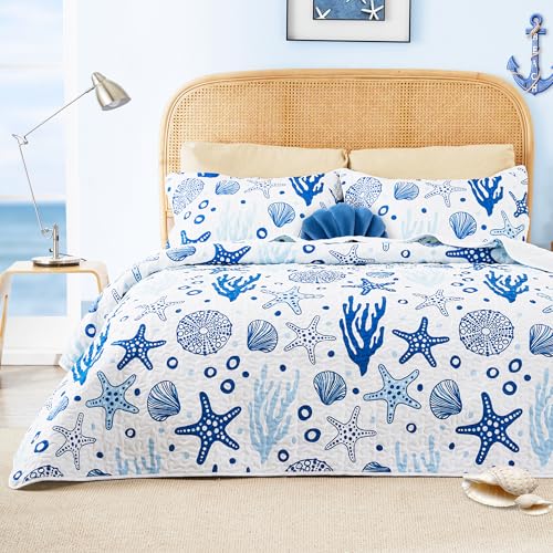 Love's cabin Quilts for Queen Coastal White Bedspreads Bedding Set - Summer Beach Nautical Quilt...