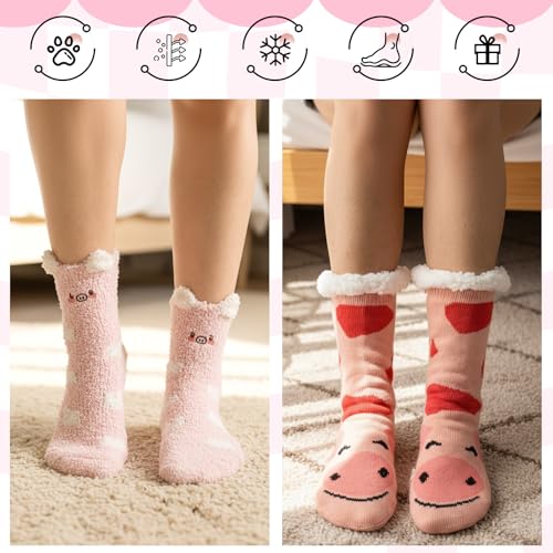 Image of Liitrsh 2 Pairs Fuzzy Slipper Socks with Grippers Animal Sock Sherpa Lining Warm Plush Animal Lover Gift for Valentine's Day