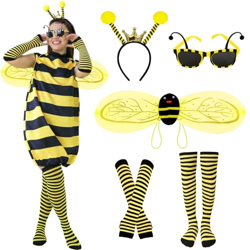 Kitimi Bienen Kostüm Damen, Bienenkostüm Erwachsene mit Stirnband, Handschuhen, Beinsocken, Brille, Flügeln, Halloween Karneval Mottoparty Kostüm,...