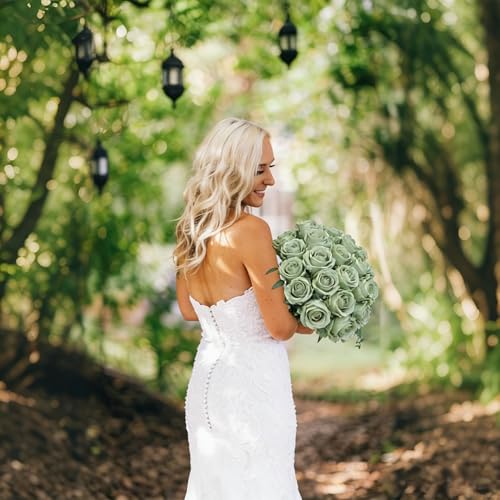 Image of 50 PCS Green Roses Artificial Flowers, Fake Roses with Stem Realistic Silk Roses for DIY Wedding Bouquets Tables Centerpieces Arrangements Baby Shower Birthday Home Decor Valentine's Day Gift for Her