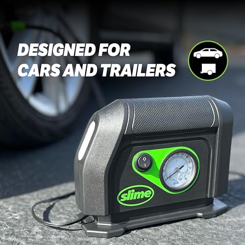 Image of Slime 40050 Tire Inflator, Portable Car Air Compressor, with Analog 100 psi Dial Gauge, Long Hose and LED Light, 12V, 8 min Inflation