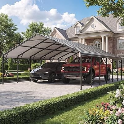 LAUSAINT HOME 20x30 FT Metal Carport Enhanced Base Heavy Duty Garage Carports, Outdoor Garage Car Port, Oversized Carport Canopy with Steel Roof and Frame, for Pickup, Boat and Tractor (20'x30')