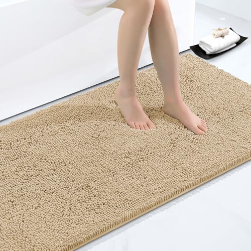 Smiry Luxury Chenille Bathroom Rugs 71x47, Extra Soft and Absorbent Shaggy Bath Mat, Machine Washable, Non-Slip Plush Carpet Runner for Tub, Shower, and Floor, Home Decor Accessories, Beige