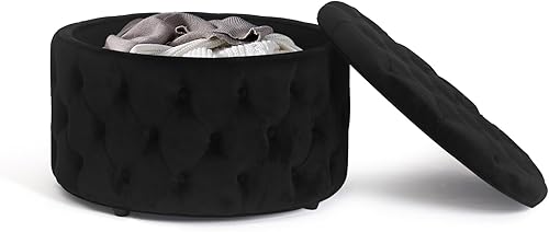 Homebeez Otomana redonda de terciopelo de 28 pulgadas, reposapiés con botones copetudos, mesa de centro para sala de estar, gris a rayas