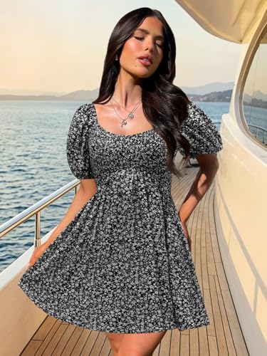 Image of Womens Babydoll Dress 2026 Summer Casual Puff Sleeve V Neck Cute Boho Smocked Flowy Short Sundress Beach Mini Dresses