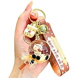 HSYHERE Men Women Creative Interesting Floating Milk Tea Brown Bear Lucky Bottle Keychain Keyring, Bubble Tea Bear Moving Liquid Sand Car Key Chain Key Ring Bag Pendant Decoration Key Holder -Lollipop