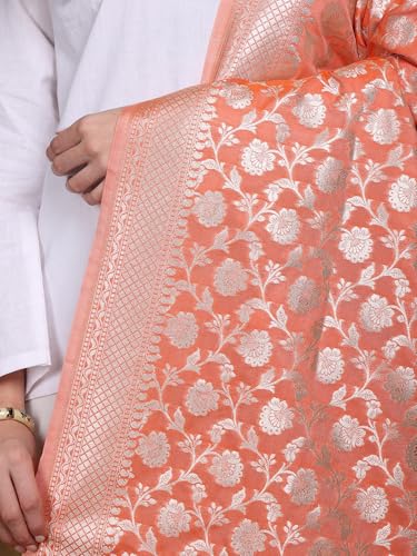 Women's Art Silk Dupatta with All Over Floral Vines and Fringes Beautiful Silver Threads Flowers Stole Chunni4