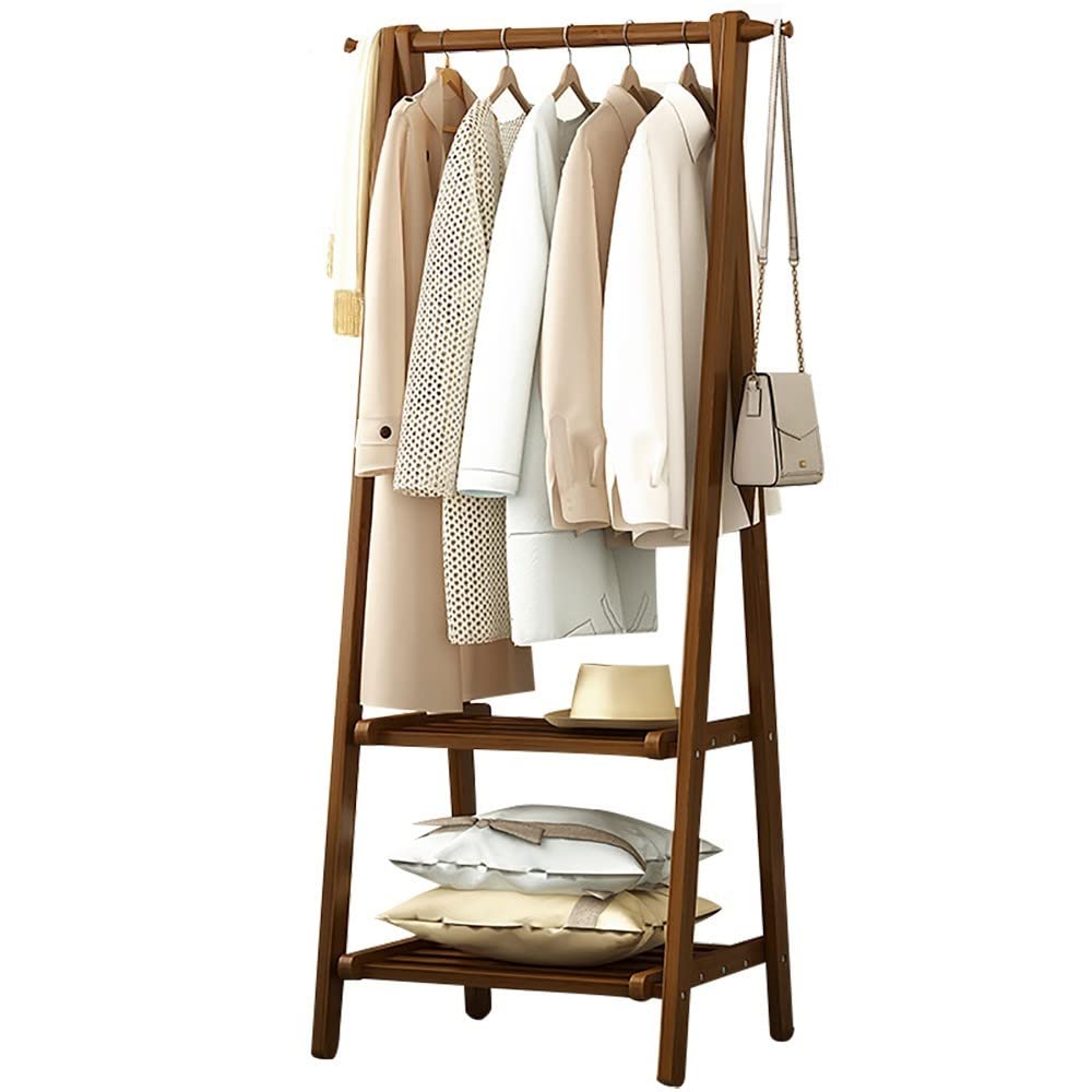 MYUYEE Wooden Clothes Rack, Freestanding Wooden Clothes Rack With Shelf/Hooks, Multifunctional Multi-Function Storage Rack, For Home Office Indoor, L: 66/86/116Cm(Brown-66Cm)