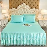 xcloozgl set da 3 pezzi gonna da letto ricamata in pizzo di lusso 45 cm di altezza gonna letto volant copriletto matrimoniale singolo antipolvere e antirughe con 2 federe,verde,pillowcase*2